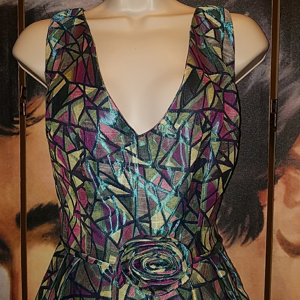 Tatyana Bubble Vintage Art Deco 1950’s Vogue Blue Geo Rose Twist Bow Pinup Dress - Picture 3 of 9